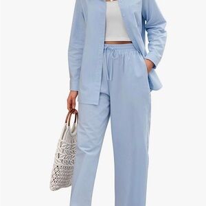 Zeagoo Women Linen Suit Two Piece Outfits Summer Beach Linen Shirt and Pants Set
